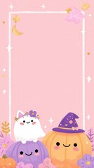 Cute ghost wearing flower crown on purple pumpkin witch hat pumpkin nearby Halloween festive theme