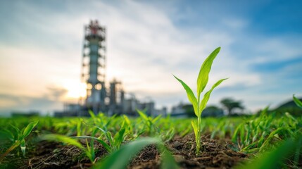 Young green plant grows in field with carbon capture tower in background, symbolizing sustainable agriculture and environmental technology