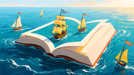 Columbus Day Majestic tall ships sail across a vast open book emerging from the ocean, symbolizing adventure and the boundless possibilities of knowledge and exploration.