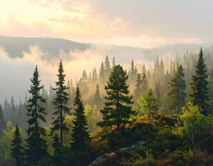 Obraz premium A misty sunrise illuminates a dense forest, showcasing towering trees and a tranquil mountain landscape.