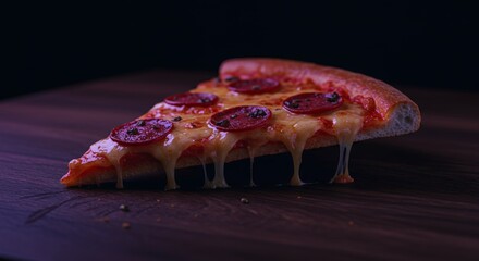 Slice of pepperoni pizza with melted cheese and pepperoni toppings resting on a dark wooden surface with a dark background