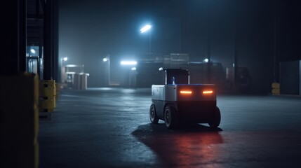 Small autonomous robot navigates dimly lit warehouse at night, illuminated by overhead lights. scene conveys sense of futuristic logistics and efficiency