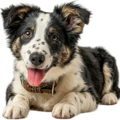  Charismatic typical black and white young adult Border Collie dog, laying down side ways. Looking straight to camera while licking mouth. Isolated cutout on transparent background.png