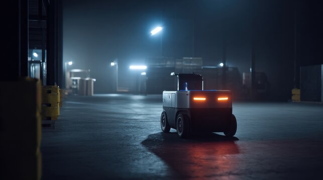 Small autonomous robot navigates dimly lit warehouse at night, illuminated by overhead lights. scene conveys sense of futuristic logistics and efficiency