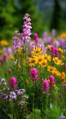 Obraz premium Vibrant wildflower meadow with blooming purple lupine yellow daisies and pink paintbrush