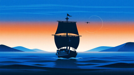 Columbus Day Majestic tall ship sails across calm ocean waters under a vibrant sunset sky, evoking adventure and exploration towards distant blue hills