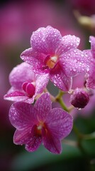 Obraz premium Close up of vibrant pink orchids glistening with water droplets on their petals