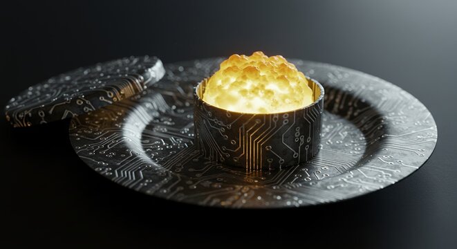 Bright illuminated cybernetic brain-shaped light resting on a futuristic circuit board styled plate with dark tabletop background for technology innovation science fiction concept