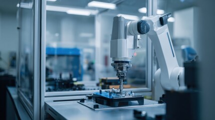 Robotic arm operates inside glass enclosure in clean, sterile environment, showcasing advanced technology and precision engineering