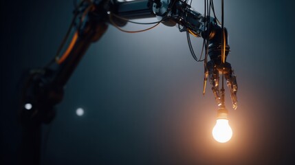 Robotic arm with visible cables holds glowing light bulb in dimly lit environment, showcasing advanced technology and innovation