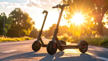 Two electric scooters parked on a road at sunset (2)