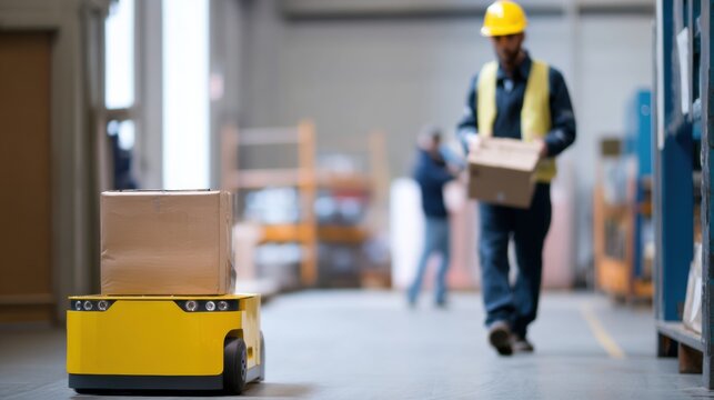 Yellow warehouse robot carrying box moves towards human worker in safety vest and helmet, who is also holding box. scene is set in busy industrial environment