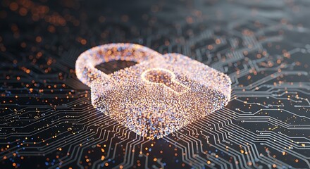 Digital padlock made of glowing particles on a circuit board, representing cybersecurity and data protection in a futuristic concept