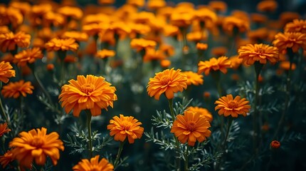 Vibrant orange marigolds bloom beautifully in a lush, sun-drenched garden creating a cheerful and natural scene