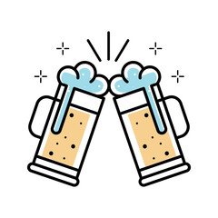 Two beer mugs clinking with foam and bubbles toasting celebration