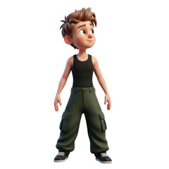 Stylized 3d animated character of a young boy wearing a tank top and cargo pants