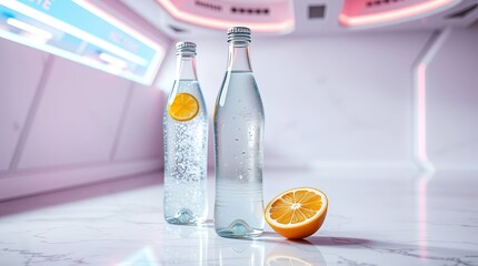 Refreshing bottled water with vibrant orange slices, perfect for health-conscious consumers seeking natural hydration and a clean, modern aesthetic.
