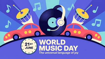 Illustration of celebrate world music day with vinyl record, headphones, and musical car for universal language of joy