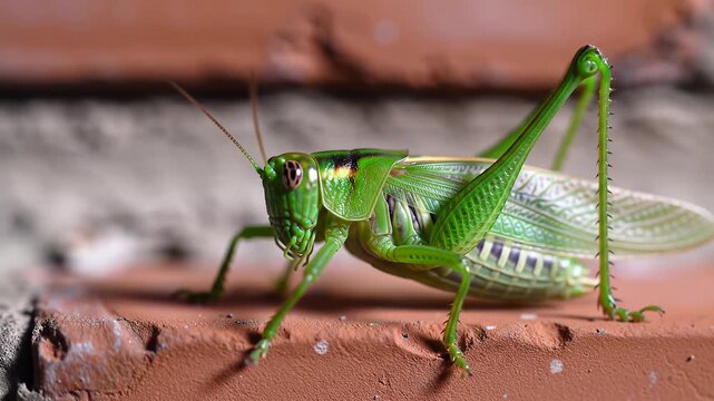 Vibrant green grasshopper insect in extreme close up macro view.