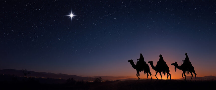 Silhouettes of the Three Wise Men traveling through the desert at night, guided by the bright Christmas Star a symbolic scene from the Nativity story in Christian tradition.