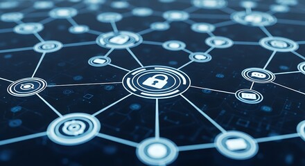 Closeup of a glowing digital network with interconnected nodes, each featuring a padlock icon, representing secure data connections
