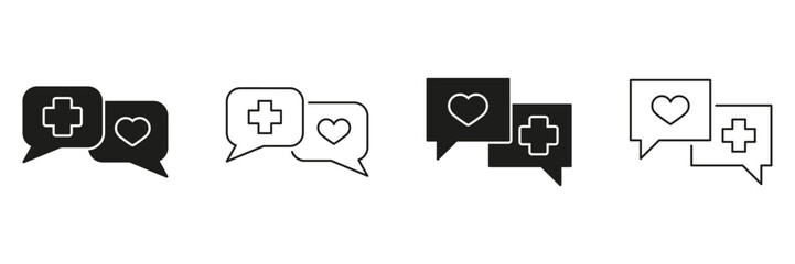 Fototapeta premium Medical And Heart Chat Bubble Line And Solid Icon Set. Healthcare Communication And Emotional Support Symbol Collection. Medical Advice And Patient Interaction. Isolated Vector Illustration