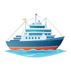 Fototapeta premium Illustration of a large passenger ship sailing on blue water, featuring a multi-level structure and flags on top.