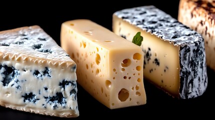 Assorted cheese varieties with holes and mold on dark background, including blue cheese and emmental. Close up view of dairy products arranged in line.