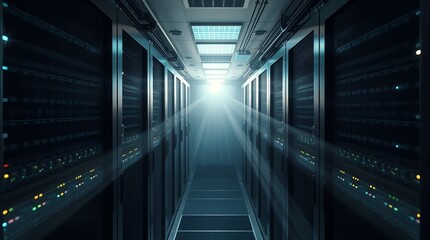 Gleaming server room aisle bathed in bright futuristic light, evoking innovation and advanced technology infrastructure for modern business operations.