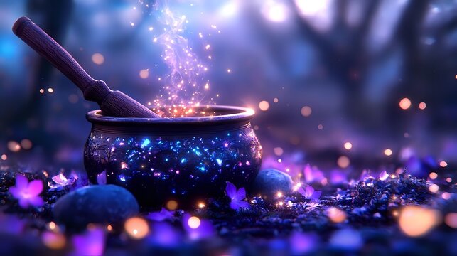 Magical cauldron with glowing sparkles and purple smoke against dark mystical forest background, creating enchanted atmosphere with bokeh lights.