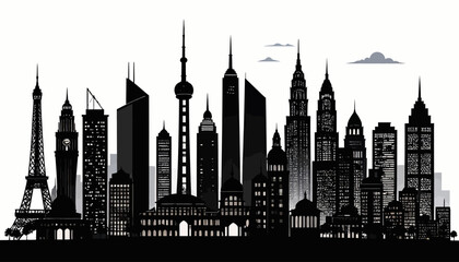 Fototapeta premium Silhouette of a city skyline showcasing iconic buildings and structures.