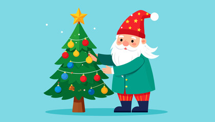 Christmas Gnome Decorating a Festive Tree with Colorful Ornaments and Star Topper