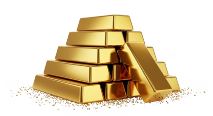 Stack of shiny gold bars isolated on transparent background