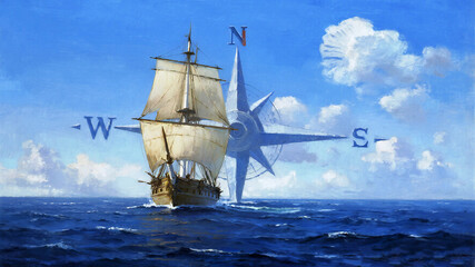 Columbus Day Majestic sailing ship navigates open sea with a colossal compass guiding its journey under a vibrant blue sky filled with dramatic clouds