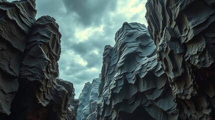 Dramatic canyon landscape with layered rock formations under a moody, cloudy sky creating a sense of awe and adventure.