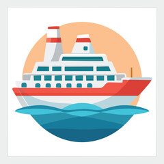 Obraz premium Flat design illustration of a cruise ship on calm water, with a sunset background.