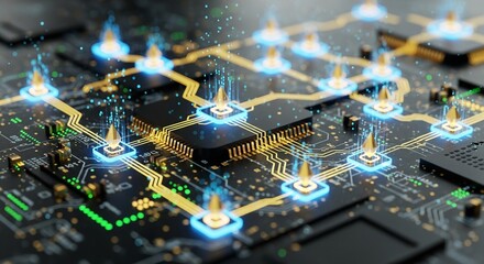 A striking 3D illustration of a Bitcoin network on a digital circuit board, showcasing interconnected cryptocurrency nodes, ideal for fintech and blockchain visuals
