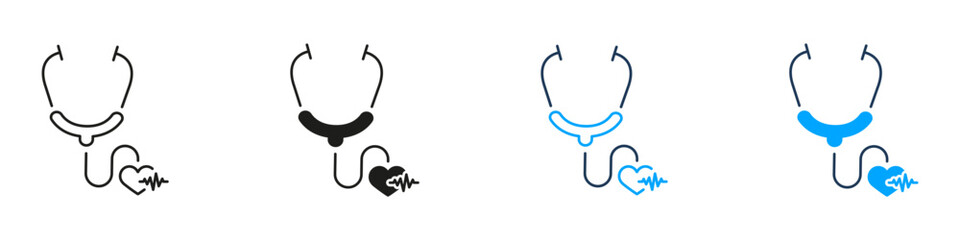 Fototapeta premium Stethoscope With Heartbeat Line And Solid Icon Set. Medical Examination, Heart Health Monitoring, And Cardiovascular Care Symbol Collection. Healthcare And Diagnostics. Isolated Vector Illustration