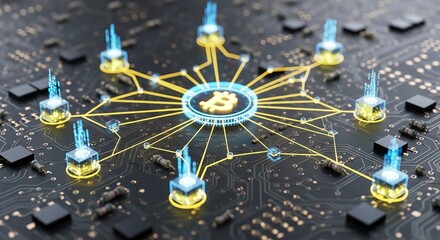 A striking 3D illustration of a Bitcoin network on a digital circuit board, showcasing interconnected cryptocurrency nodes, ideal for fintech and blockchain visuals