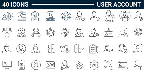 User Account line icon set. Includes profile, login, avatar, connect, password, username, and add friend. Editable stroke. Vector illustration