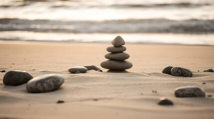 Serene beach stones stacked in perfect balance evoke tranquility and mindful calm beside gentle ocean waves at sunset