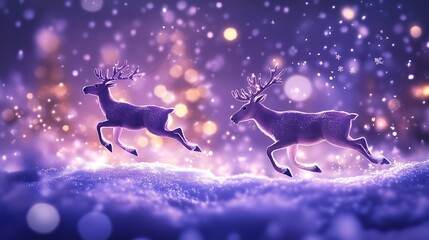 Naklejka premium Two deers running in the snow. A landscape of snowy snowflakes. Christmas lights and illustrations for a festive party. Two deer sprinting lifestyle through the snow.
