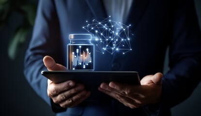 Businessman holding a tablet with a digital icon of artificial intelligence and data in hand, a technology concept. The artwork showcases AI data in the style of dark navy blue and light gray