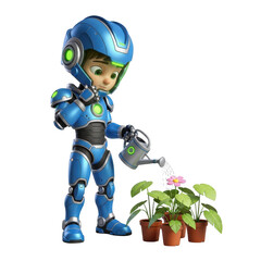 Naklejka premium Cute blue robot gardener watering potted plants with a watering can in a studio setting