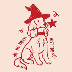 Cute Halloween postcard illustration of a dog in a witch hat holding a magic wand with the text “No trick, just treats.” Hand-drawn minimal line art, perfect for greeting cards, posters, stickers