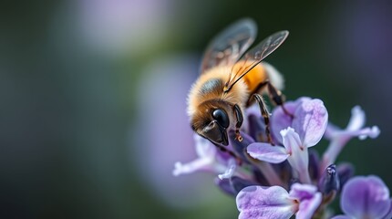 Stunning close-up of a busy bee collecting nectar from delicate purple lavender flowers, showcasing nature's intricate beauty and vital pollination process.