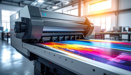 Industrial printing press in a large brightly lit factory