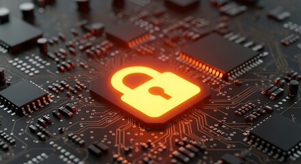 Glowing padlock icon on a computer motherboard, symbolizing hardware and data security