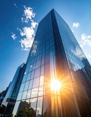 Modern skyscraper under a vibrant sky