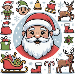 Vector set of a friendly cartoon Santa Claus face and various christmas character elements like elves, reindeer, sleigh, and gifts.